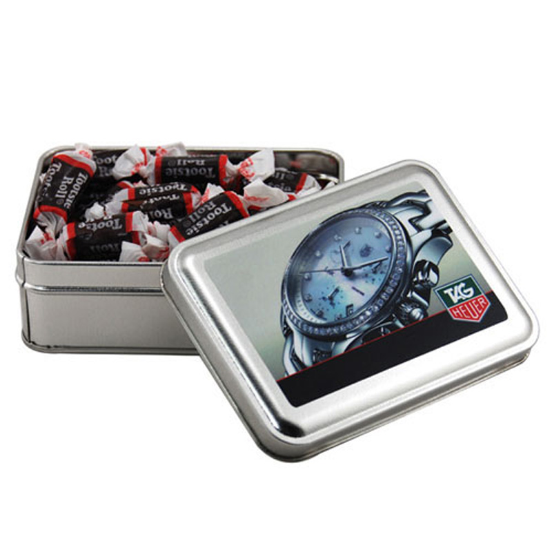 Tin with Tootsie Rolls